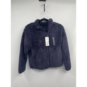 Uniqlo Fluffy Yarn Jacket Kids 11-12 Navy Sherpa Fleece Full Zip Mock Neck NWT